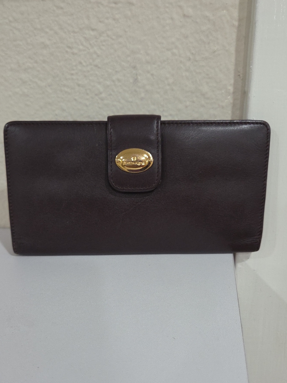 Etienne Aigner Dark Brown Leather Continental Wallet with Gold Accent